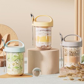 Taza de avena de vidrio portátil con tapa y cuchara, a prueba de fugas, para viajes, estructura flexible de almacenamiento de alimentos