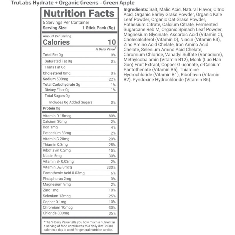 TRULABS Hydrate + Organic Greens 6ct. Sugar Free Electrolytes Hydration