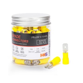 HKS 100PCS/50Pairs Yellow Male & Female Vinyl Insulated Spade Connectors, 12-10 AWG (3.0-5.0 mm²) Quick Disconnect Terminals, 6.3 mm (1/4") PVC-Sleeved Tinned Brass Wire Connectors Kit