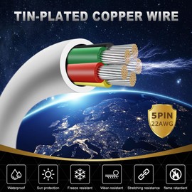 22 Gauge 5 Conductor Stranded Low Voltage 22/5 Wire, 32.8FT White PVC Case, Tinned Copper 5 Wire Extension Power Cable for LED Lamp Lighting, Automotive