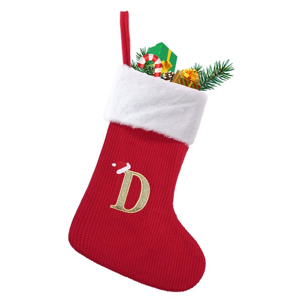 VReder Medium Christmas Stockings, Personalized Knitwear Stockings with Letters, Hanging Santa Socks for Christmas Decoration, (D)
