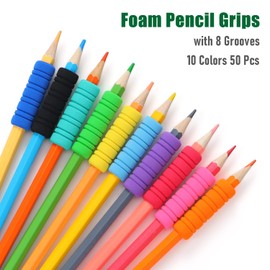 OSteed 50 Pcs Soft Foam Pencil Grips for Children Handwriting, 10 Colours Comfort Pencil Cushion Grips with 8 Grooves, Non-slip Pencil Holder Grippers for School Kids and Adults Relieving Fatigue
