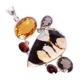 Ravishing Impressions Natural Peanut Wood Jasper Citrine Smoky Quartz Garnet Gemstone 925 Sterling Silver Bezel Setting Pendant Necklace With 18 Inches Chain May Birthday Jewelry