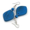 Diamond Shape Blue Painted Wood Drop Earrings - 60mm L