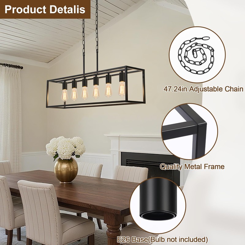 Boncoo 6 Light Black Chandeliers for Dining Room, Adjustable Height