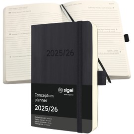 SIGEL C2607 Weekly Planner Weekly Planner 2025/2026, Approx. A6, Black, Soft Cover, 240 Pages, Elastic Band, Pen Loop, Archive Pocket, Made of Sustainable Paper, 18 Month Calendar, Conceptum