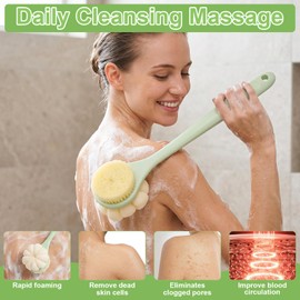 Back Scrubber for Shower with Long Handle, Double-Sided Shower Brush for Body, Loofah Back Scrubber & Bristle Bath Brush, Back Brush for Shower Exfoliating Hard-to-Reach Areas, Bath Brush Long Handle