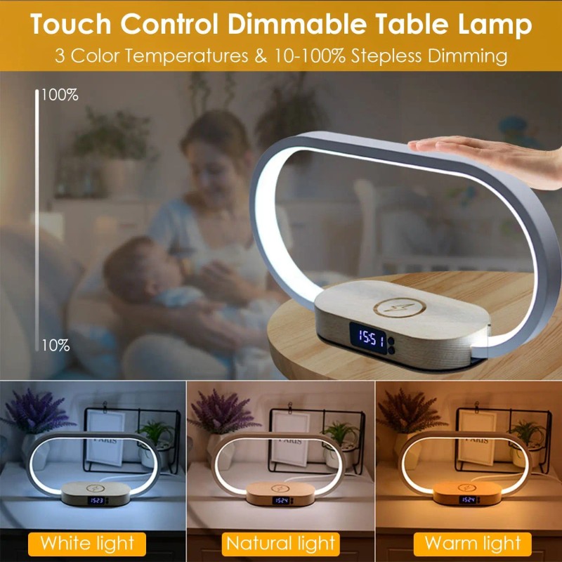 Touch Control LED Desk Lamp with Clock Wireless Charging Dimmable