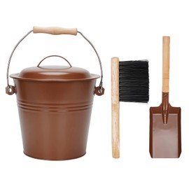 Mini Ash Bucket with Lid, 1.5-Gallon Pail with Shovel and Hand Broom, Metal Bucket Coal and Ash Carrier (Copper)
