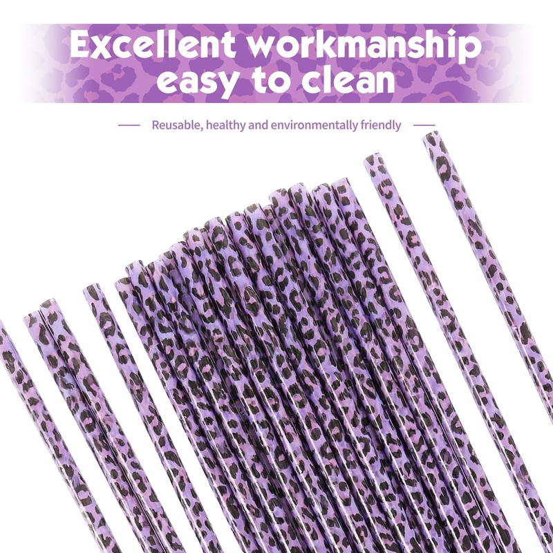 25 Pcs Reusable Leopard Straws with Cleaning Brushes, Purple