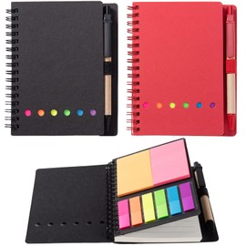 WILFANS 2 Packs Spiral Notebook Steno Pads Lined Notepad with Pen in Holder, Sticky Notes, Page Marker Colored Index Tabs Flags, 4.73"x5.9" Kraft Paper Cover Small Pocket Notebooks (Black/Red)
