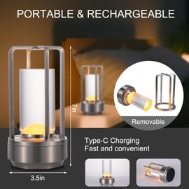 Cordless Portable LED Table Lamp， Rechargeable Battery Operated Desk Lamp with Touch Sensor, Three-Level Dimmable Suitable for Bars/Cafes/Restaurants/Bedrooms/Camping Sites… (Silver)