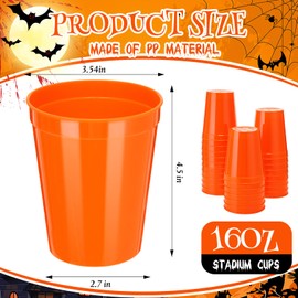 Yungyan 50 Pack 16oz Stadium Cups Reusable Plastic Cups Blank Drink Tumblers for Parties, Events, DIY Projects, 4.5 x 3.54 x 2.72 Inch (Orange)