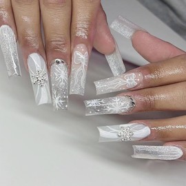 24Pcs Christmas Press on Nails Long Square Fake Nails with Snowflake Nail Charms Design Glossy Glue on Nails Silvery Glitter Full Cover Xmas False Nails Bow Nails for Women Winter Acrylic Nails Decor