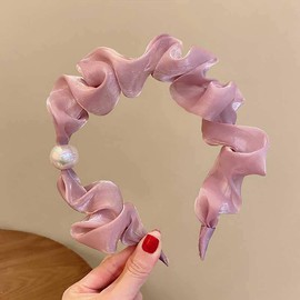 Varsik 4 Pcs Multicolor Organza Fashion Headband Elegant Pleated Pearl Hair Band for Women Girls