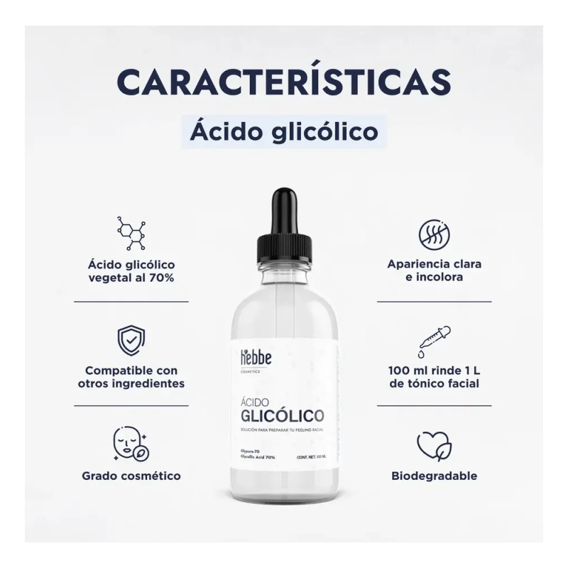 Ácido Glicólico 70 Hebbe Cosmetics Exfoliante y Peeling Facial 100ml