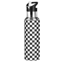 Black White Checkered Pattern Water Bottle Kids Insulated Boys Girls Stainless Steel Straw Lid 20 oz Hot Cold Water Flask School Sport