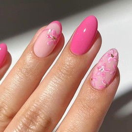 Oval Press on Nails Short Fake Nails French Tip Nails Press ons Glossy Glue on Nails Rose Red False Nails with Flower Silver Glitter Designs Artificial Stick on Nails for Women 24Pcs