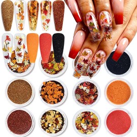 12Boxes Fall Nail Glitter Sequins Maple Leaf Nail Glitter Autumn Leaves Nail Flakes Thanksgiving Nails Glitter Powder 3D Holographic Nail Art Decoration Accessories for Women Girls