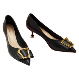 C.Paravano Luxury Pointed Toe Kitten Heels | Metal Accent Pumps for Weddings, Gallery Openings & Office Attire | Soft Leather Comfort | Style with Midi Skirts or Summer Linen(Black,Size 9.5)