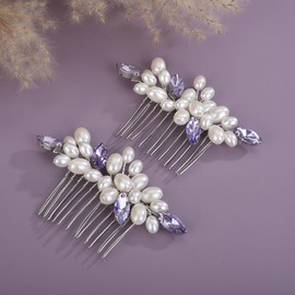 Teyglen Pearl Wedding Hair Comb Purple Rhinestone Pearl Hair Piece Bride Headpiece Bridal Crystal Pearl Hair Comb Elegant Hair Accessories for Women (Purple)