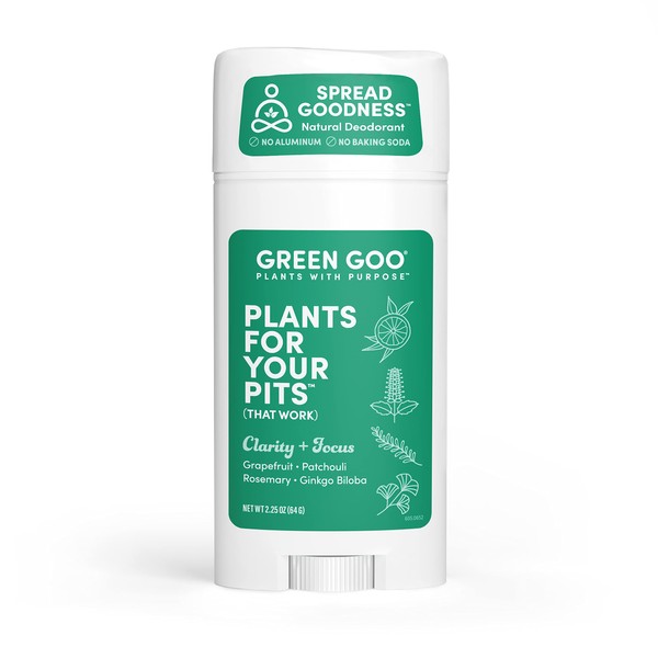 Green Goo Herbal Deodorant for Men and Women, Clarity + Focus with Grapefruit, Patchouli, Rosemary, and Ginkgo Biloba, 2.25 Ounce