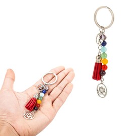 POFET Charming Chakras Energy Gemstone Beads Lotus Tassel Pendant Keychain Gifts