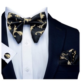 Gusleson Flora Light Yellow Bow Tie and Pocket Square Cufflink Set Champagne Bow Ties for Men Big Bowtie Black (UK0617-05)