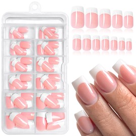 Bellelfin 120Pcs Short French Tip Press on Nails, Full Cover French Tips Press on Square White Tip French Fake Nails Nude Acrylic False Nails Press ons for Women Girls