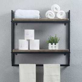 2-Tier Metal Industrial 23.6" Bathroom Shelves Wall Mounted,Rustic Wall Shelf Over Toilet,Towel Rack with Towel Bar,Utility Storage Shelf Rack, Floating Shelves Towel Holder,Black Brush Silver