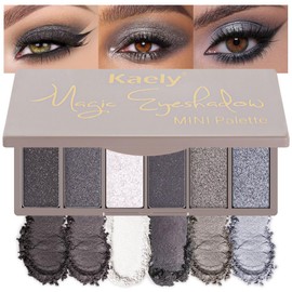 Kaely 6 Colors Mini Smoky Eye Shadow Palette Makeup, Black Grey White Silver Glitter Shimmer Smokey Eye Eyeshadow Palette for Older Women Pigmented Waterproof, Goth Halloween Makeup, Cruelty-free 02