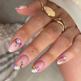 Flower False Nails - Oval Press On Nails Short - Nude Fake Nails With Floral Design - Spring Short Stick On nails - Acrylic Full Cover Glue On nails For Women Girls nail DIY - 24pcs, 12sizes