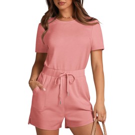 XIEERDUO Plus Size Rompers for Women Summer Athleisure Wear with Pockets Short Jumpsuits for Women Light Orange Pink XL