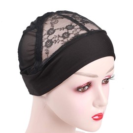 Ecojunmi - 2 diademas para peluca, negro con agarre de peluca, diadema para hacer pelucas, malla con velcro ajustable y 6 peines de peluca (negro-2 unidades)