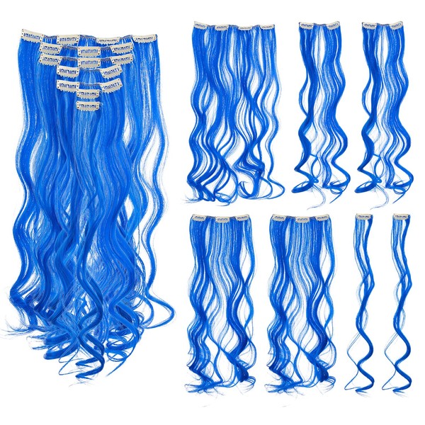 SWACC 7 Pcs Full Head Party Highlights Clip on in Hair Extensions Colored Hair Streak Synthetic Hairpieces (20-Inch Curly, Blue)