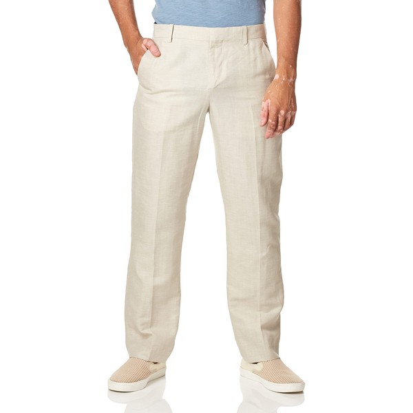Perry Ellis Men's Essentials Linen Dress Pant, Modern Fit, Solid Twill, Lightweight (Waist Size 29 - 42), 36W x 32L, Natural Linen Herringbone