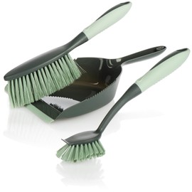com-four® 3-Piece Cleaning Set - Hand Brush, Dustpan, Hand Brush - Household Dustpan and Dustpan (Grey/Light Green, 3-Piece)