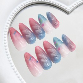 Almond Press on Nails Medium Fake Nails with Designs Pink Blue Gradient Glue on Nails Flower Acrylic False Nails Glossy Artificial Nails Full Cover Stick on Nails for Coquette Women 24Pcs