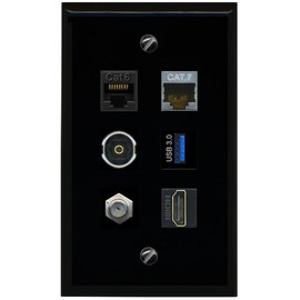 RiteAV CAT6 CAT7 Coax HDMI TOSLINK USB 3 Flat/Solid Wall Plate [Black]