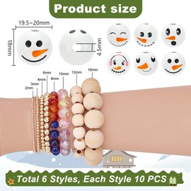 PandaHall 6 Styles Large Hole Snowman Wooden Beads - 60pcs 20mm, White Ball Head with 4.5mm Hole Spacer Beads for Christmas Farmhouse Craft Decoration Jewelry Making