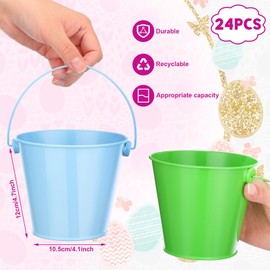 Yunsailing 24 Pcs Metal Bucket 4.1 x 4.7 Inch Mini Easter Buckets with Handle Small Iron Pail Colored Galvanized Bucket Plant Candy Bars Vase Favor Crafts Buckets for Easter Party Egg Hunts