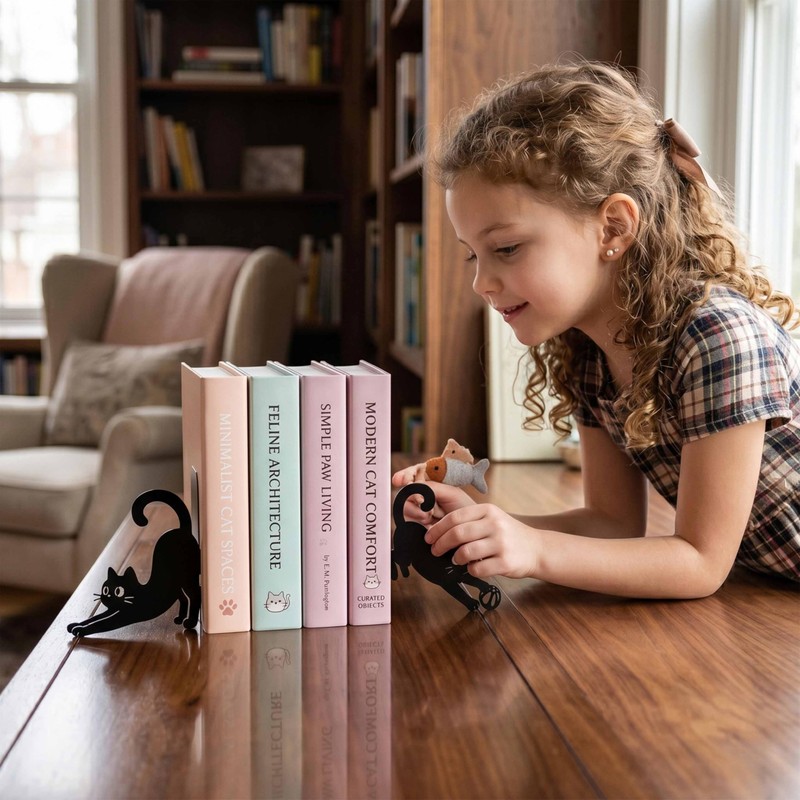 Black Metal Cute Cat Bookends Set of 2