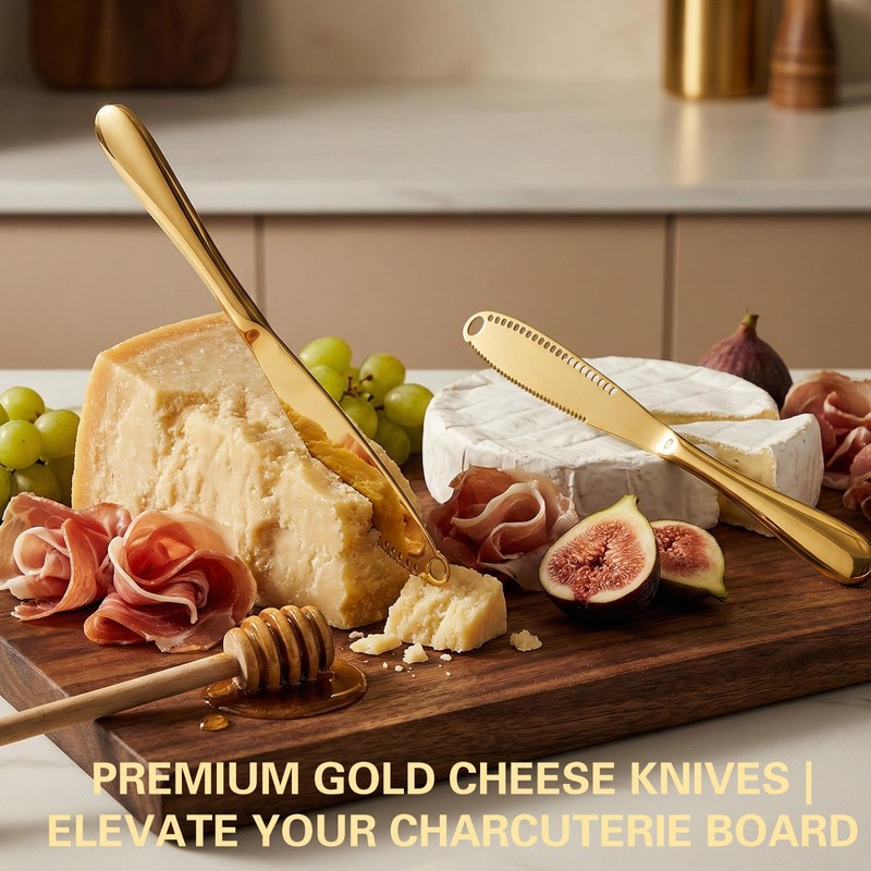 Q Qaangsd 2 gold-plated perforated cheese knives, butter knives, 3-in-1