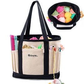 MYBAGZING Canvas Yarn Storage Organizer Bag Washable Crochet Bag with Pockets for Yarn, Hooks, Needles – Travel Knitting Tote for Crafters – Gift for Crocheters & Knitters (Medium/Large)
