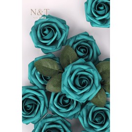 N&T NIETING Artificial Flowers Foam Roses 25 pcs Peacock Green Fake Roses w/Stem for DIY Home Decor Indoor Outdoor Centerpieces Arrangements Bouquets