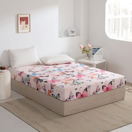 Damier Fitted Sheet 120 x 200 cm Butterfly Pattern Box Spring Fitted Sheet with Elastic Band Children Girls Kids Bed Sheet up to 30 cm High Mattresses