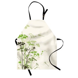 Lunarable Dragonfly Apron, Minimalist Foliage and Herbs Illustration with Dragonflies Winged Insects Mystic, Unisex Kitchen Bib Apron with Adjustable Neck for Cooking Baking Gardening, Green Beige