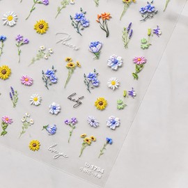 Flower Nail Art Stickers Decals 5D Embossed Little Wildflower Nail Decals Colorful Floral Letter Nails Design Stickers Cute Self-Adhesive Nails Decorations for Women Spring Manicure Art Supplies