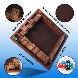 GSE Games & Sports Expert 1-4 Player Wooden Shut The Box Board Game with 8 Dice. 4-Way 12 Numbers Shut The Box Dice Set of Popular English Pub Board Game - Walnut