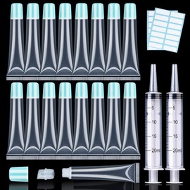 AMORIX 50PCS Lip Gloss Tubes 20ml Blue Cap Lip Gloss Containers Empty Lip Balm Tubes Refillable Cosmetic Squeeze Lipgloss Tubes + 2 x 20ml Syringes Tag Labels Stickers for DIY Lip Gloss Base Glitter